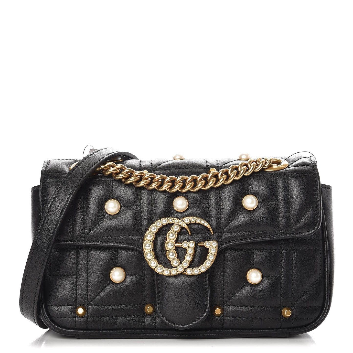 Calfskin Matelasse Studded Mini Pearly GG Marmont Shoulder Bag Black