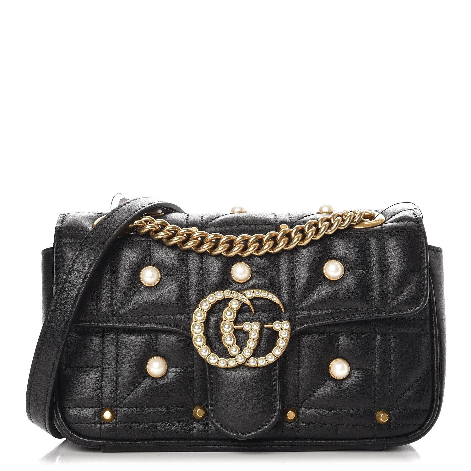 Gucci Calfskin Matelasse Studded Mini Pearly GG Marmont Shoulder Bag Black 1 of 7