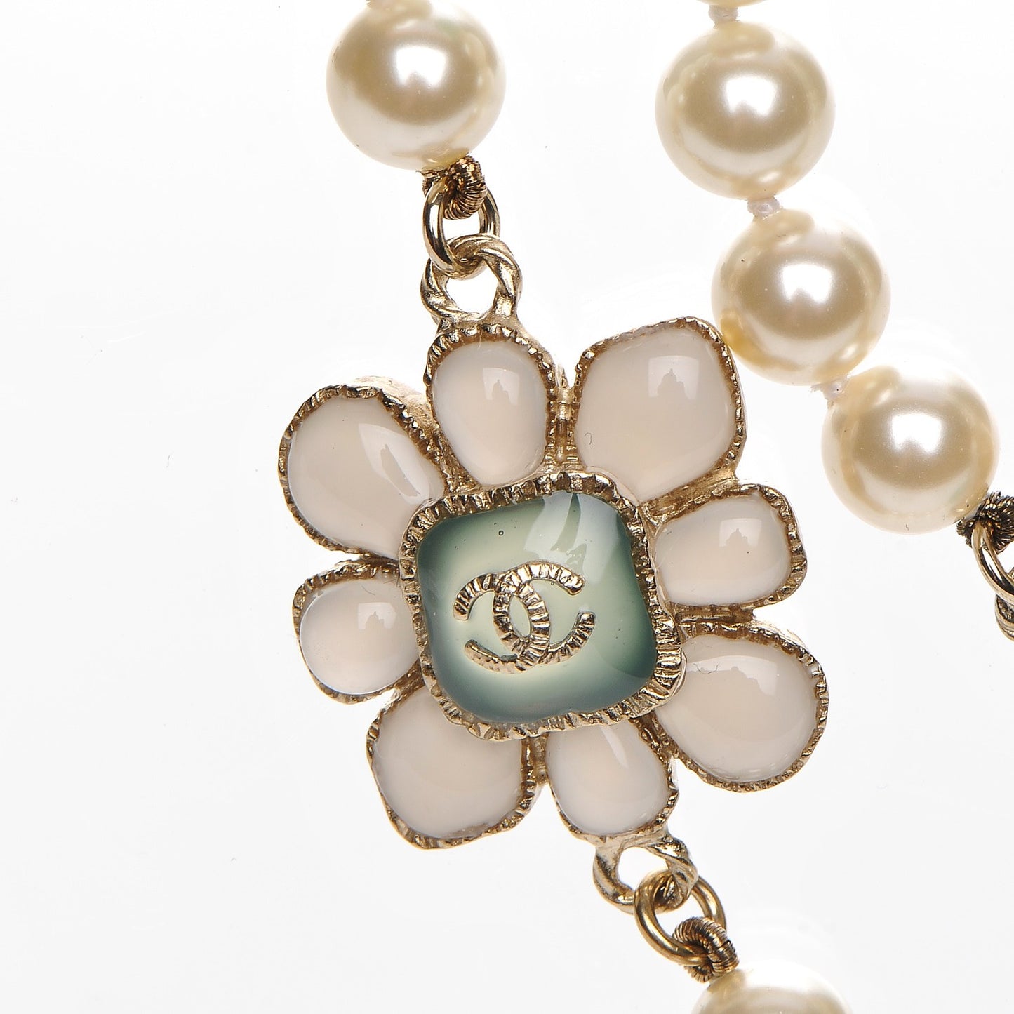 Pearl Gripoix Poured Glass Long Necklace Gold Green White