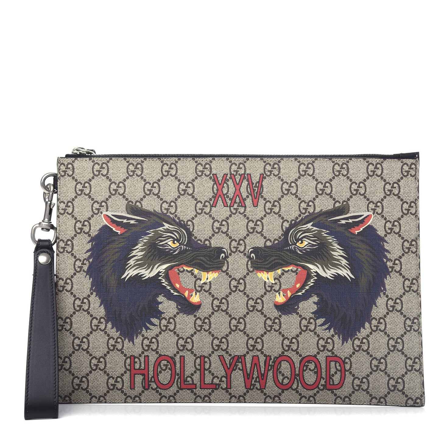 GG Supreme Monogram Wolf Zip Wristlet Pouch Beige