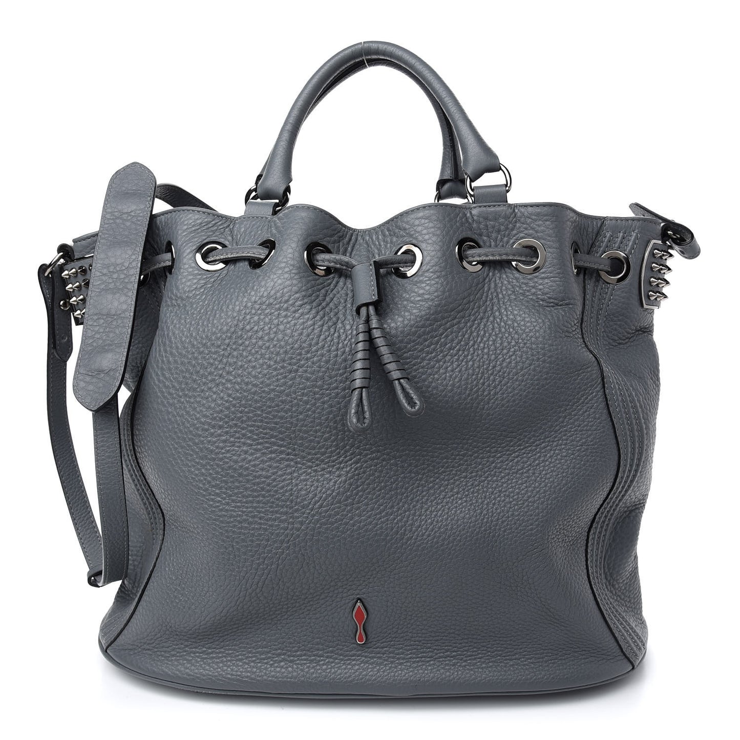 Pebbled Calfskin Spiked Dompteuse Bucket Bag Grey