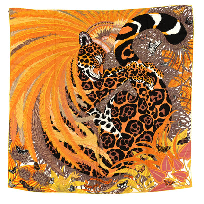 Hermes Cashmere Silk Jaguar Quetzal Shawl 140 Jaune D'Or Taupe 1 of 4