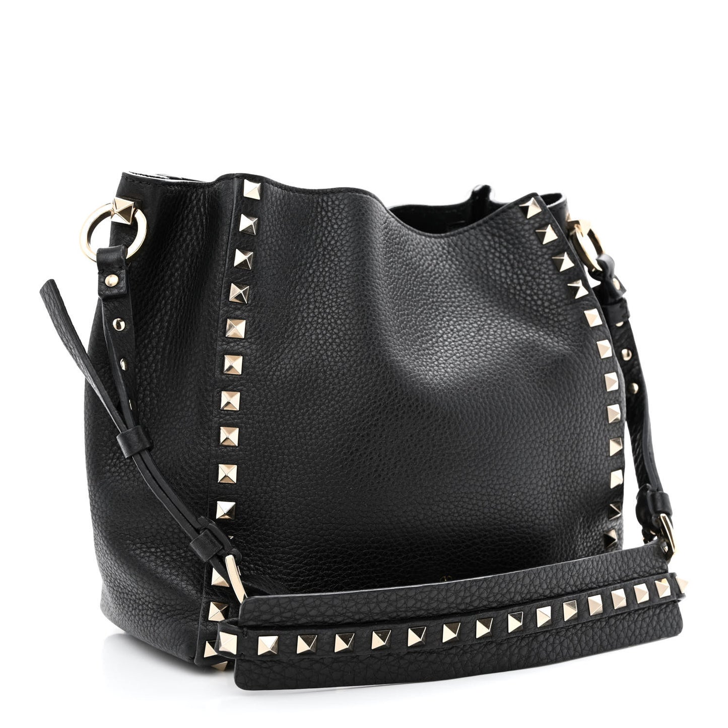 Pebbled Calfskin Rockstud Bucket Bag Black