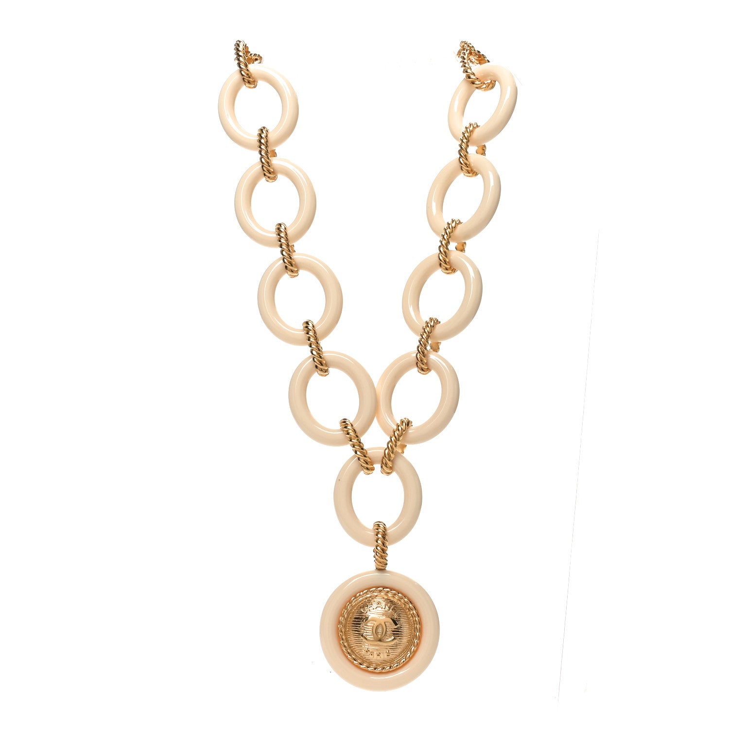 Chanel Resin Metal CC Medallion Necklace Beige Gold 1 of 4