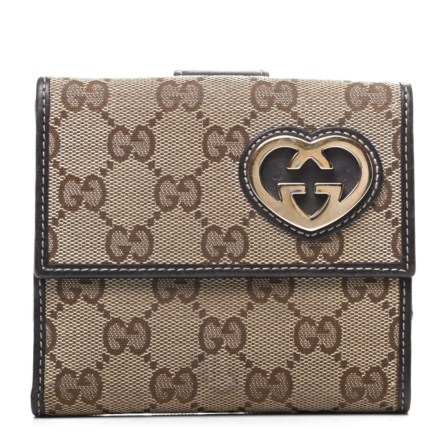 Gucci Monogram Lovely Heart French Flap Wallet Dark Brown 1 of 10