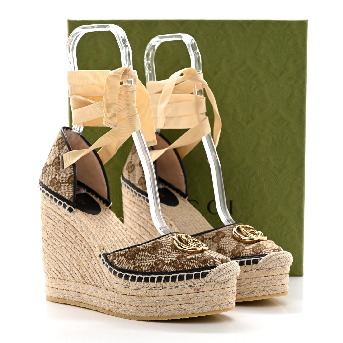 Monogram Matelasse GG Marmont Ankle Wrap Platform 35/120mm Espadrille Wedges 38.5 Beige Ebony Black Sand Storm
