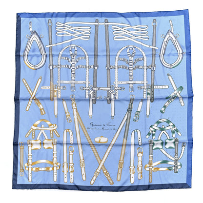 Hermes Silk Harnais De Timon Scarf 90 Bleu Ciel Blanc Beige 1 of 6