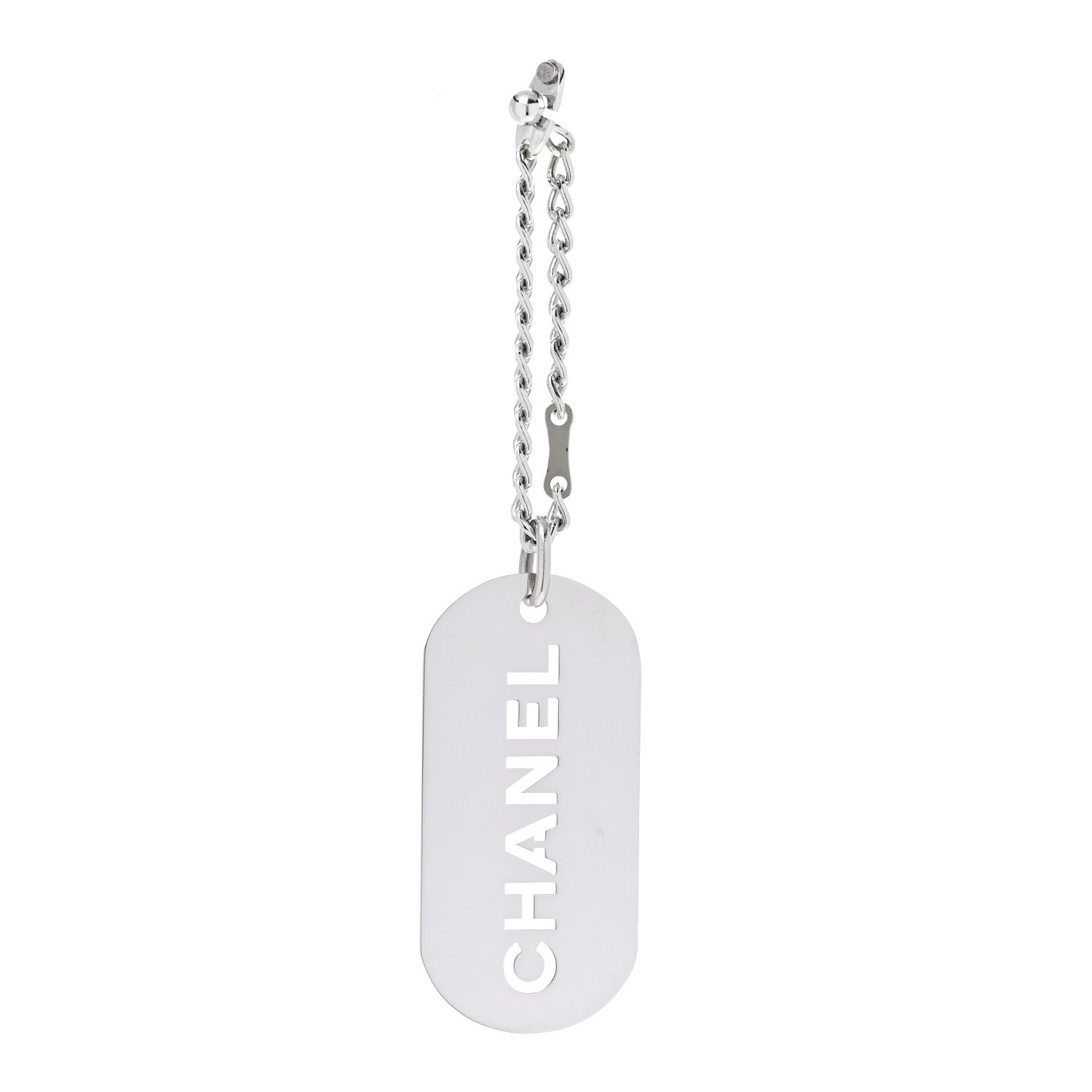 Chanel Metal Logo Dog Tag Key Ring Silver 1 of 5