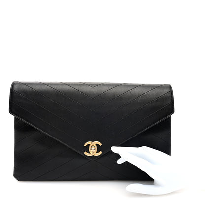 Chanel Lambskin Chevron Quilted Envelope Clutch Black 2 of 10