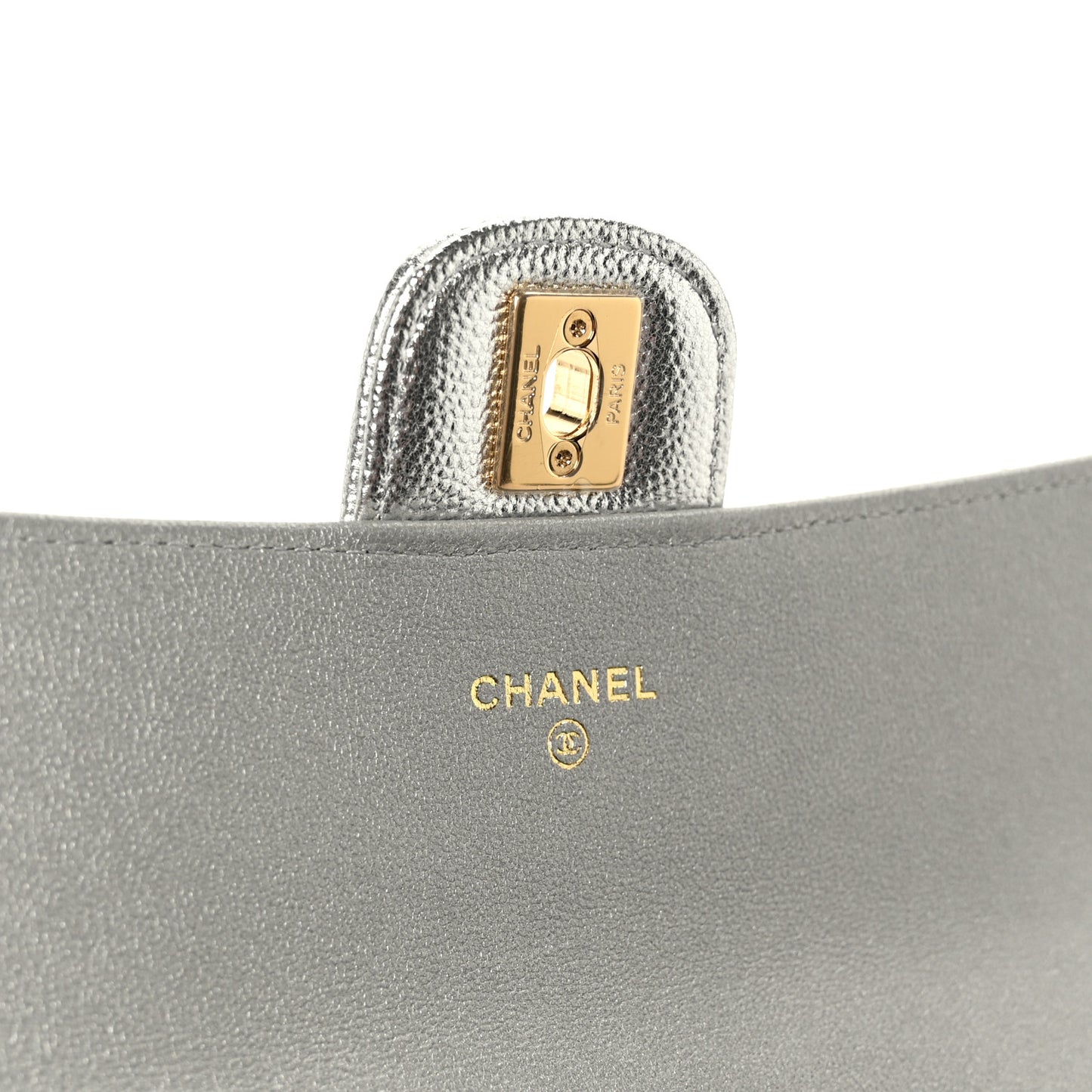 Metallic Caviar Quilted Top Handle Long Clutch With Chain Silver