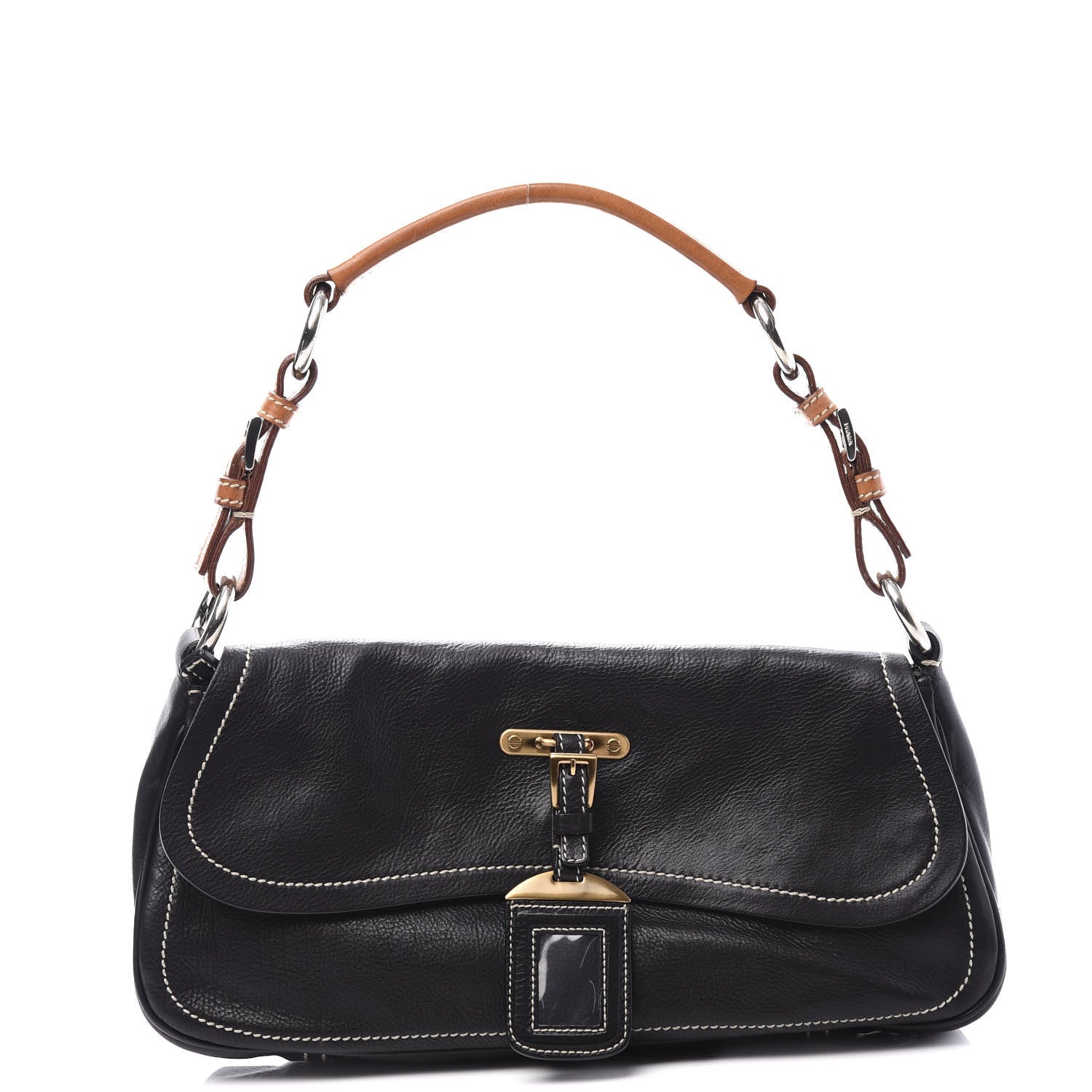 Prada Calfskin Metal Shoulder Bag Black Cuoio 1 of 10