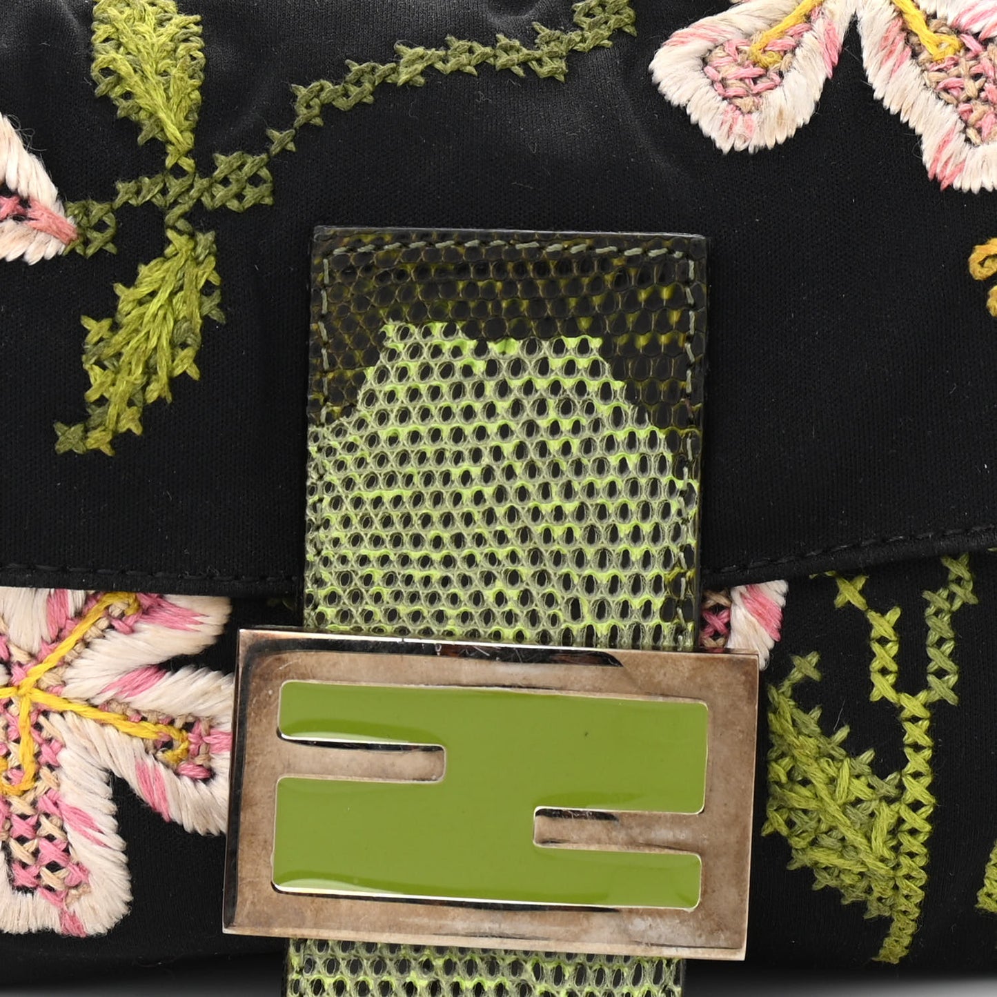 Canvas Lizard Embroidered Flower Baguette Black Multicolor