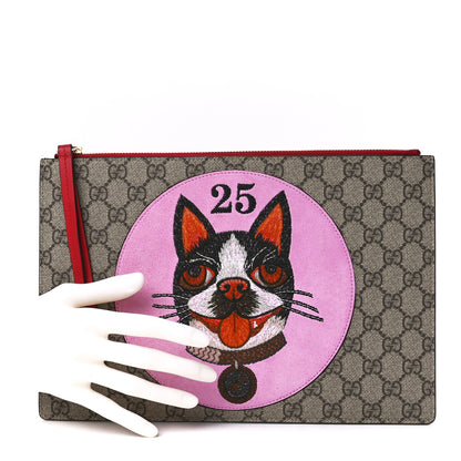 Gucci GG Supreme Monogram Bosco Patch Zip Pouch Beige Malva Hibiscus Red 2 of 12