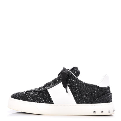 Valentino Garavani Calfskin Glitter Flycrew Sneakers 36 Black 1 of 11
