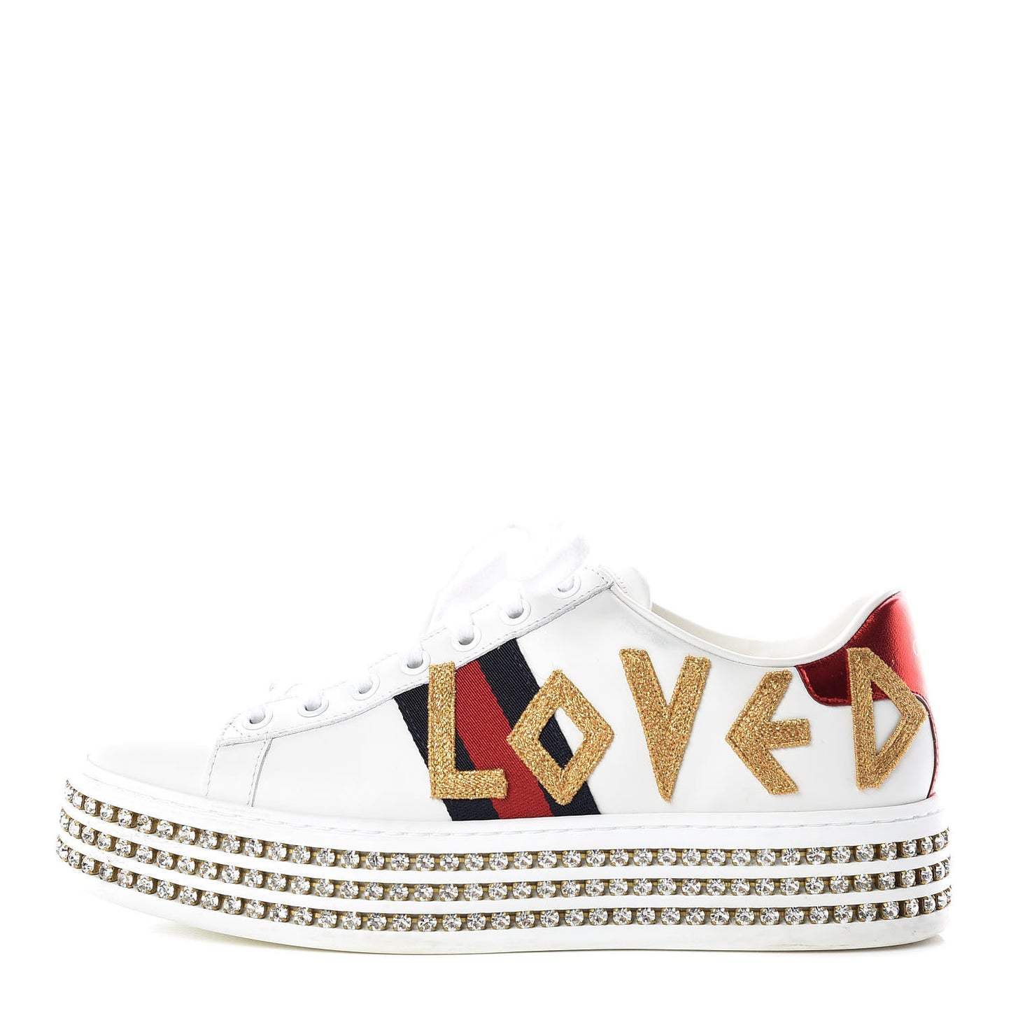 Calfskin Crystal Web LOVED Embroidered Womens Ace Platform Sneakers 37 White Red Flame Notte