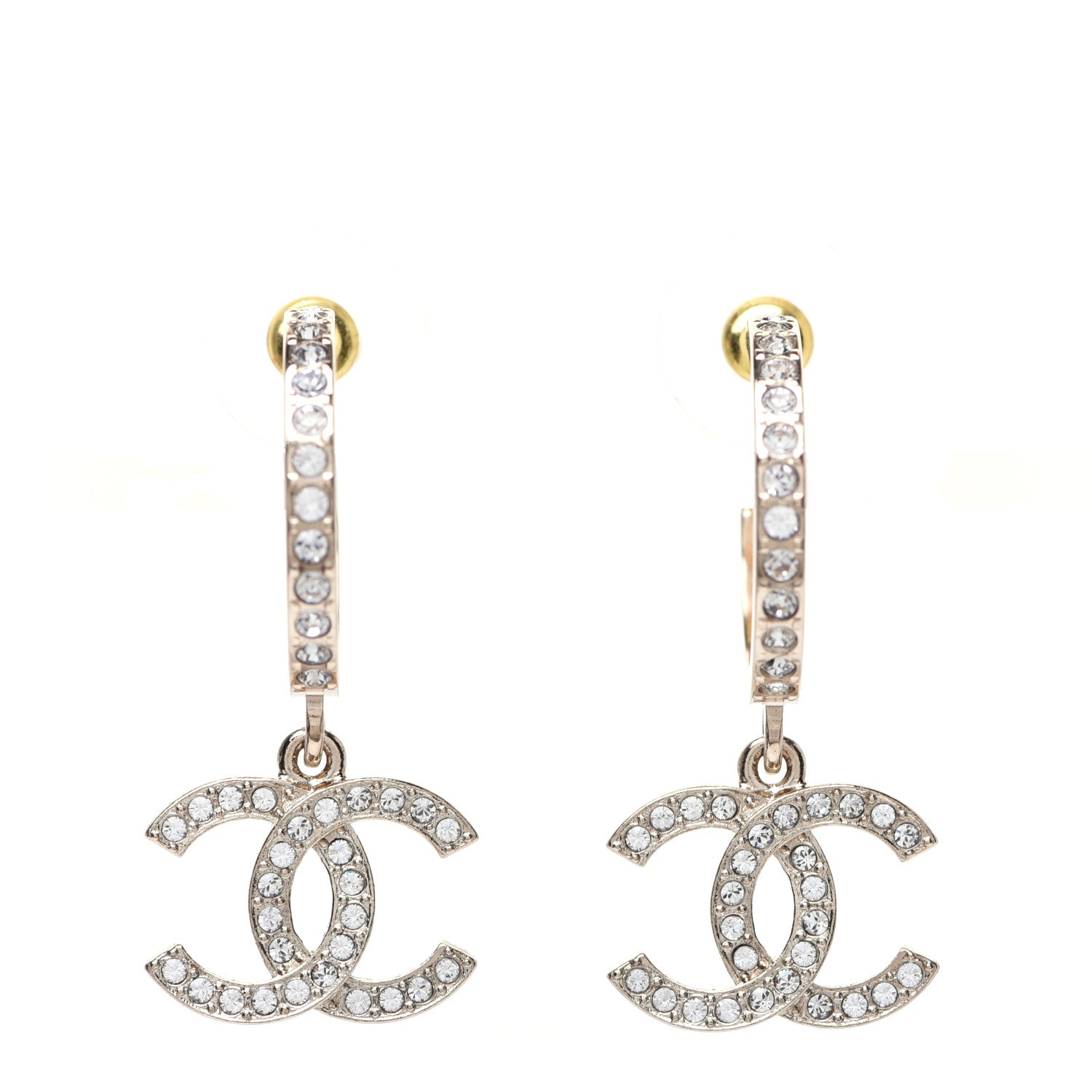 Chanel Crystal Lock Symbols CC Hoop Drop Earrings Gold 1 of 8