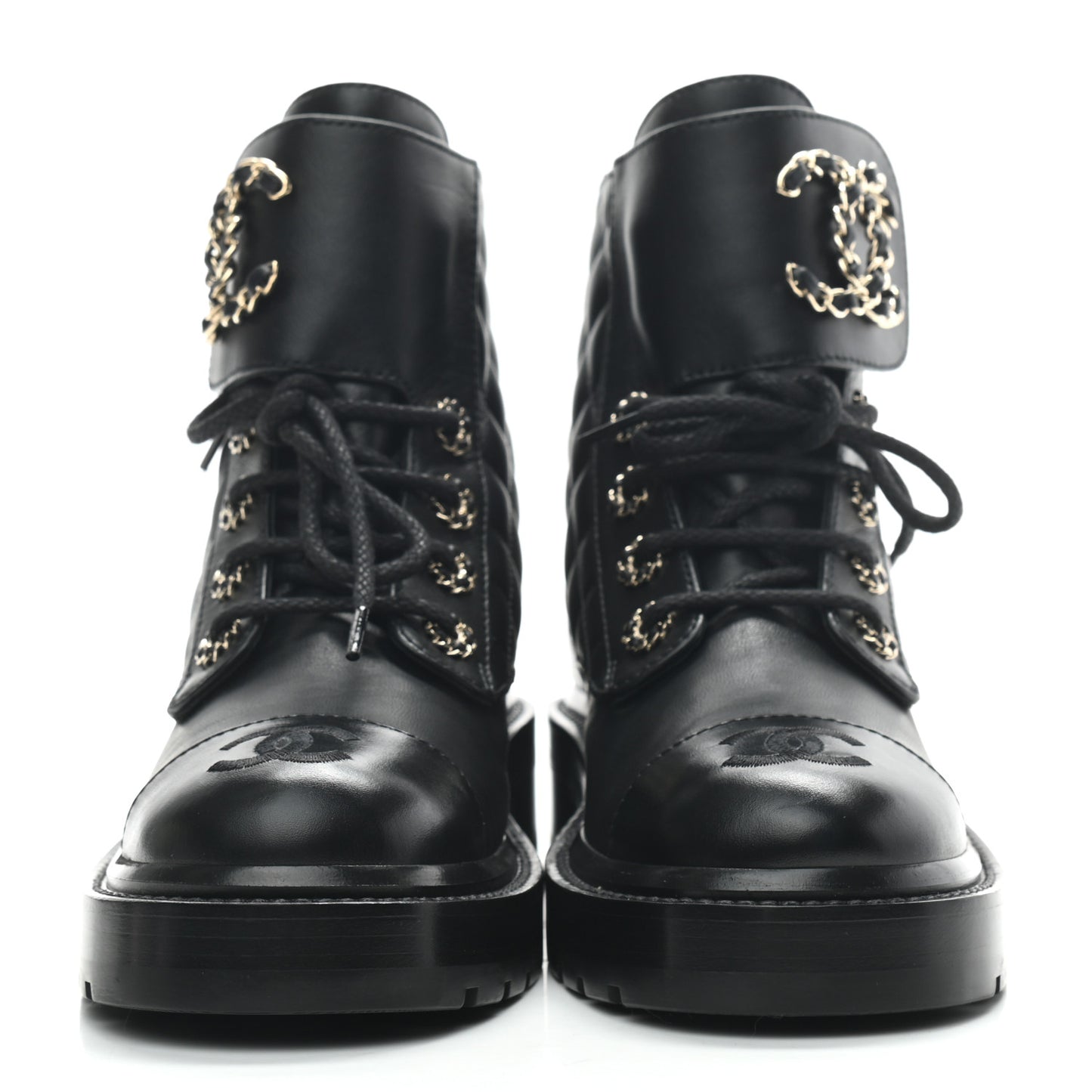 Lambskin Calfskin Quilted Lace Up Combat Boots 35 Black