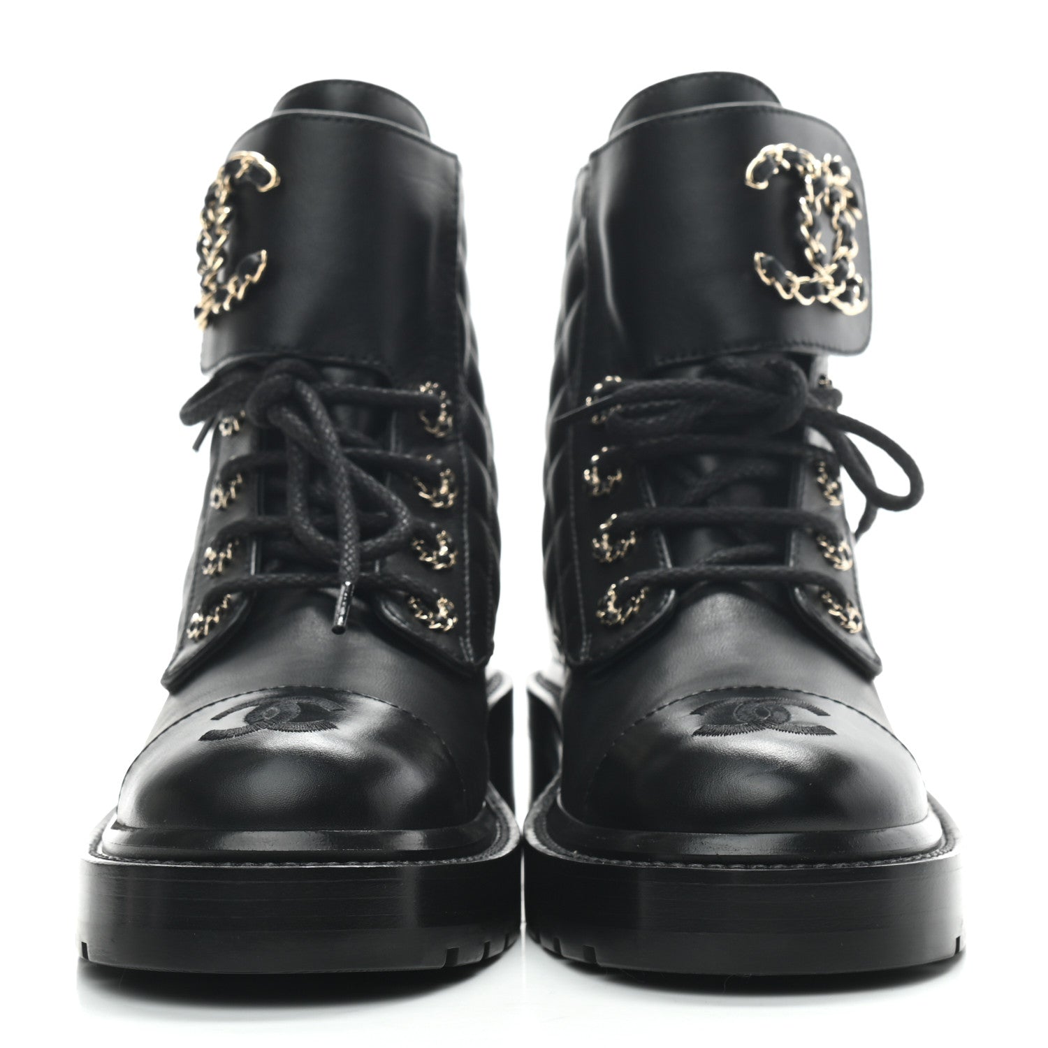 Chanel Lambskin Calfskin Quilted Lace Up Combat Boots 35 Black 2 of 7