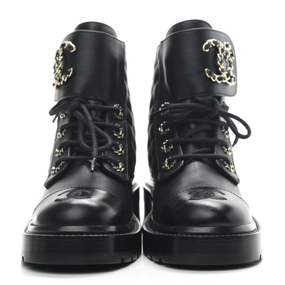 Chanel Lambskin Calfskin Quilted Lace Up Combat Boots 35 Black 2 of 7