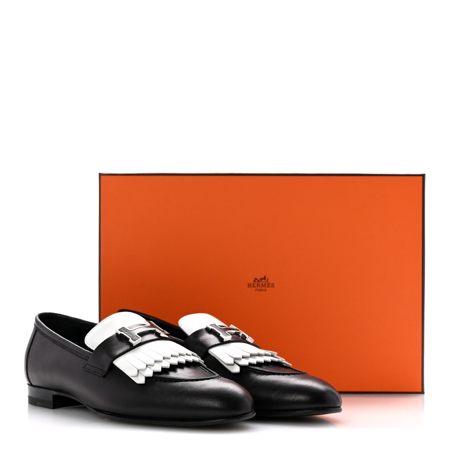 Hermes Goatskin Womens Royal Loafers 37.5 Black White 10 of 10