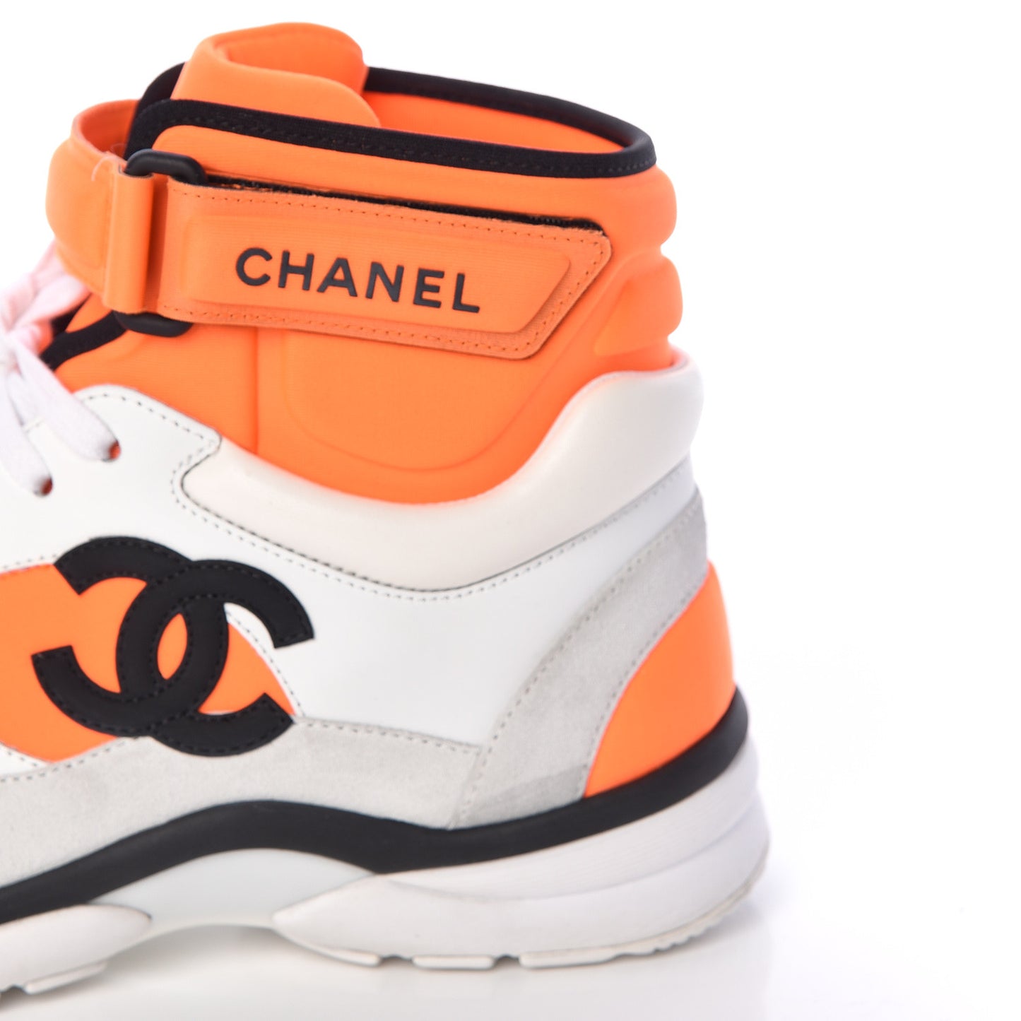 Suede Calfskin Lambskin Neoprene High Top CC Sneakers 37.5 White Fluo Orange