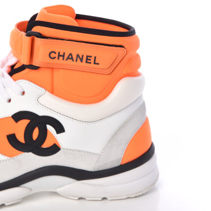 Chanel Suede Calfskin Lambskin Neoprene High Top CC Sneakers 37.5 White Fluo Orange 8 of 15