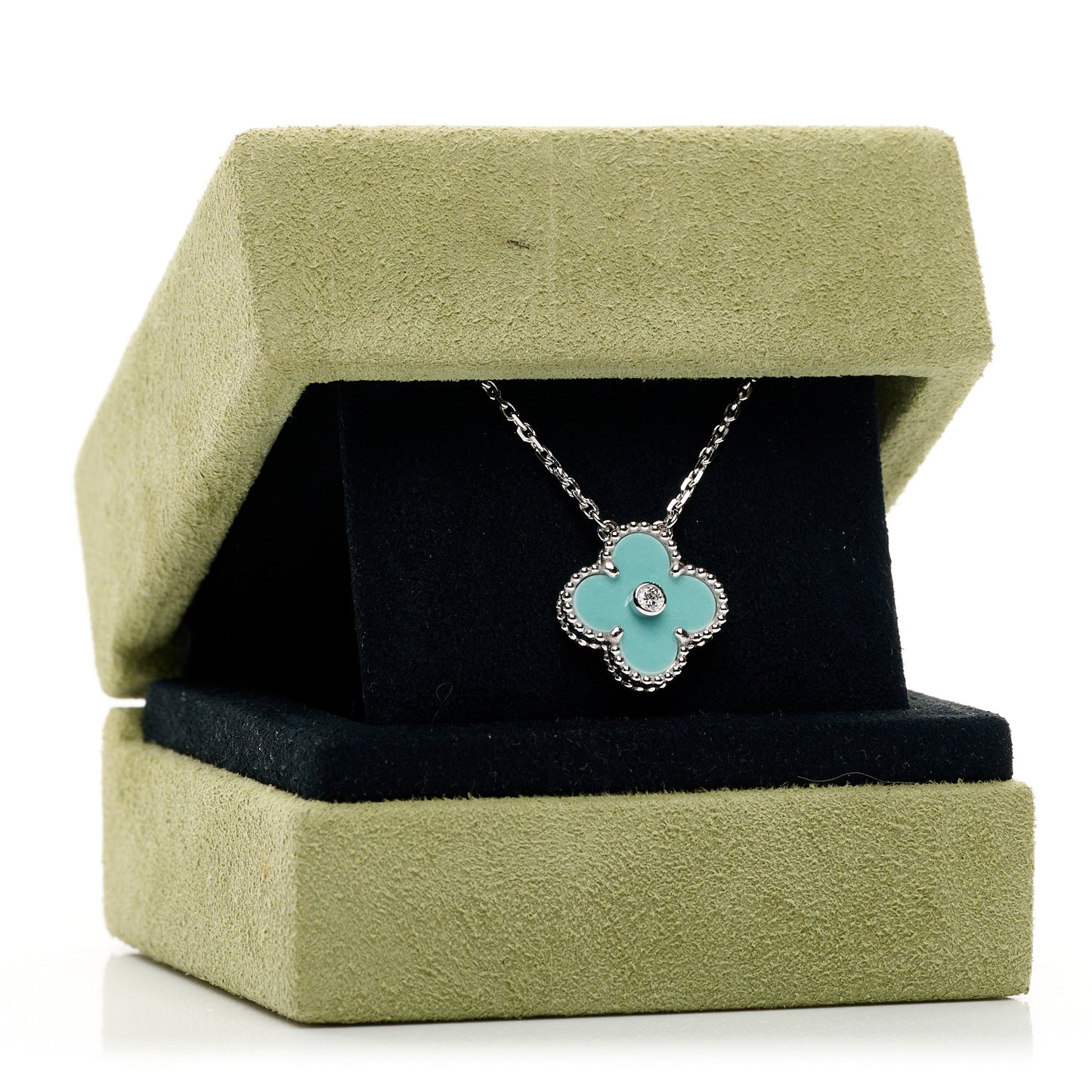 18K White Gold Diamond Celadon Green Sevres Porcelain Vintage Alhambra Pendant Necklace