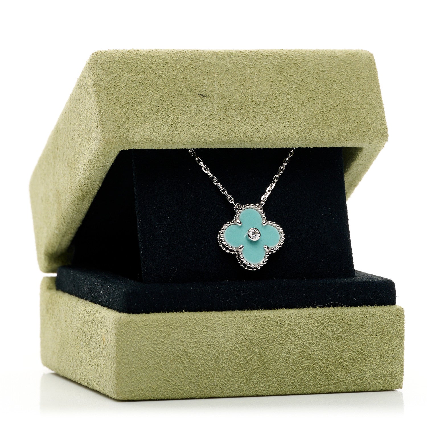 Van Cleef & Arpels 18K White Gold Diamond Celadon Green Sevres Porcelain Vintage Alhambra Pendant Necklace 5 of 5