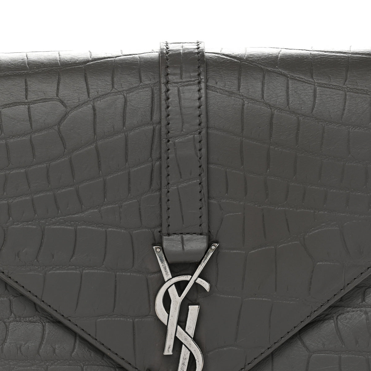 Calfskin Crocodile Embossed Medium College Monogram Satchel Gray