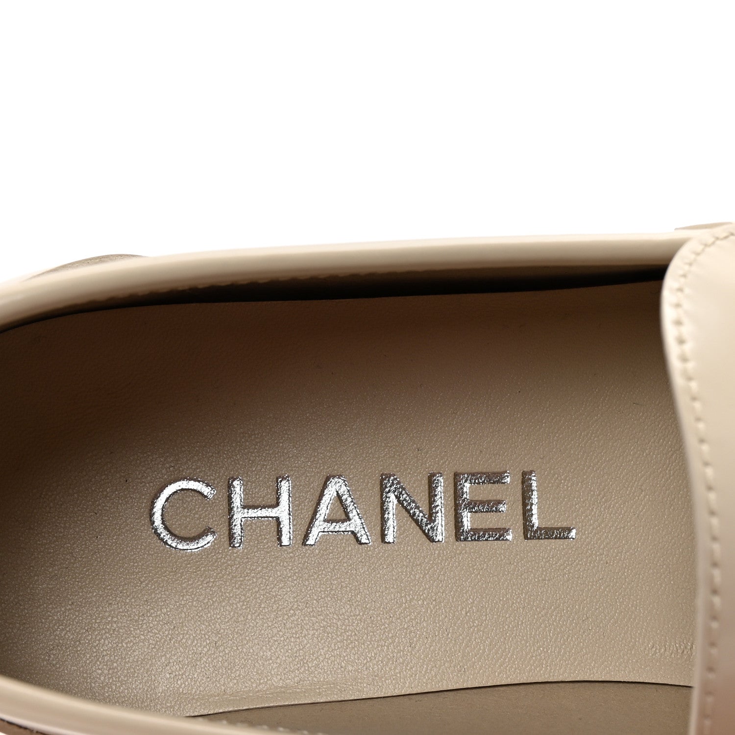Chanel Shiny Calfskin Logo Loafers 38.5 Light Beige 8 of 10
