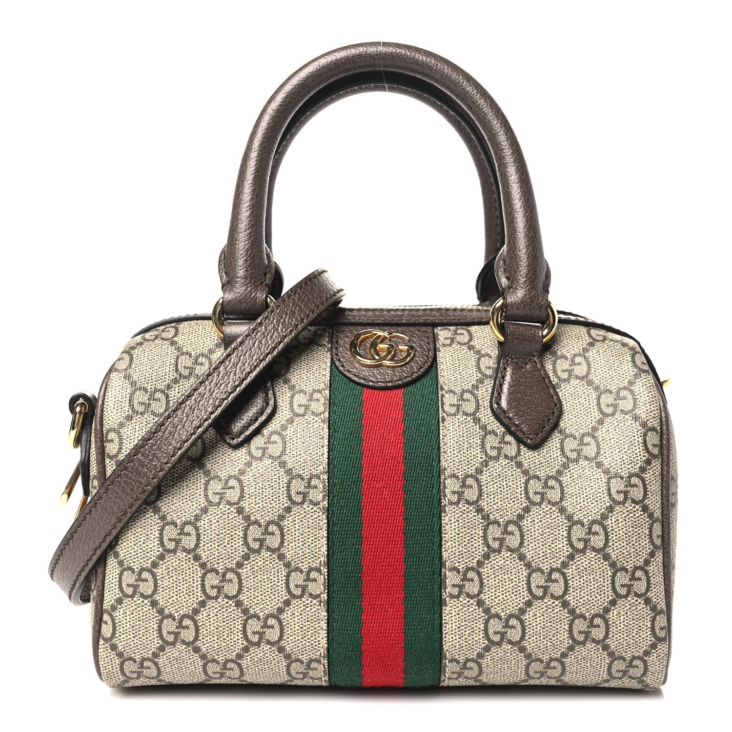 Gucci GG Supreme Monogram Textured Dollar Calfskin Web Mini Ophidia Top Handle Bag Beige Ebony New Acero 1 of 10