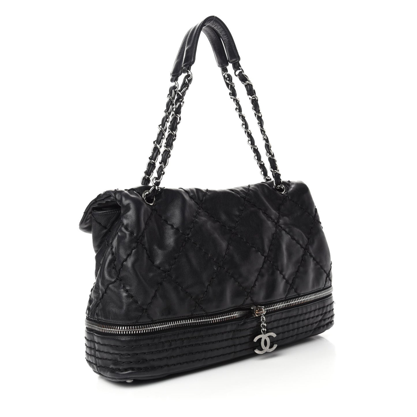 Calfskin Stitched Large Expandable Flap Bag Black