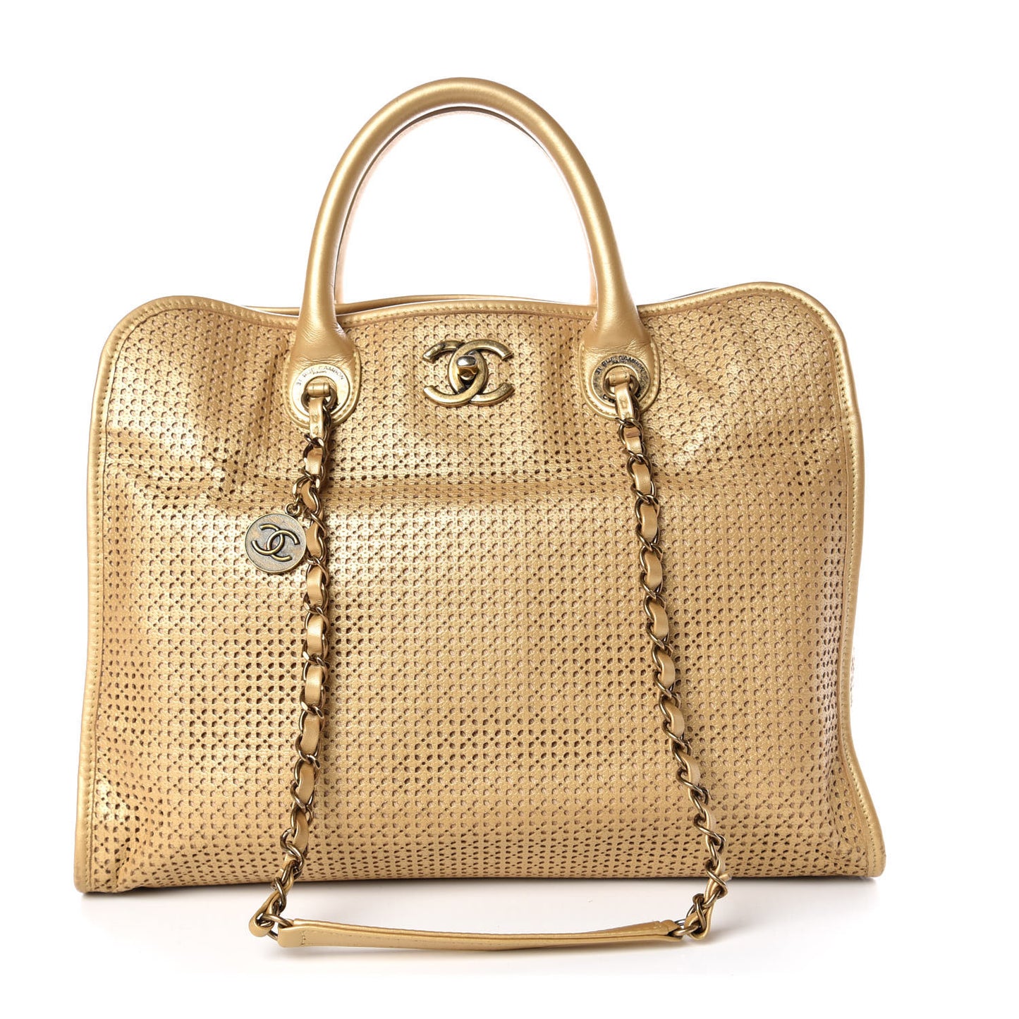 Metallic Calfskin Perforated Up In The Air Tote Gold