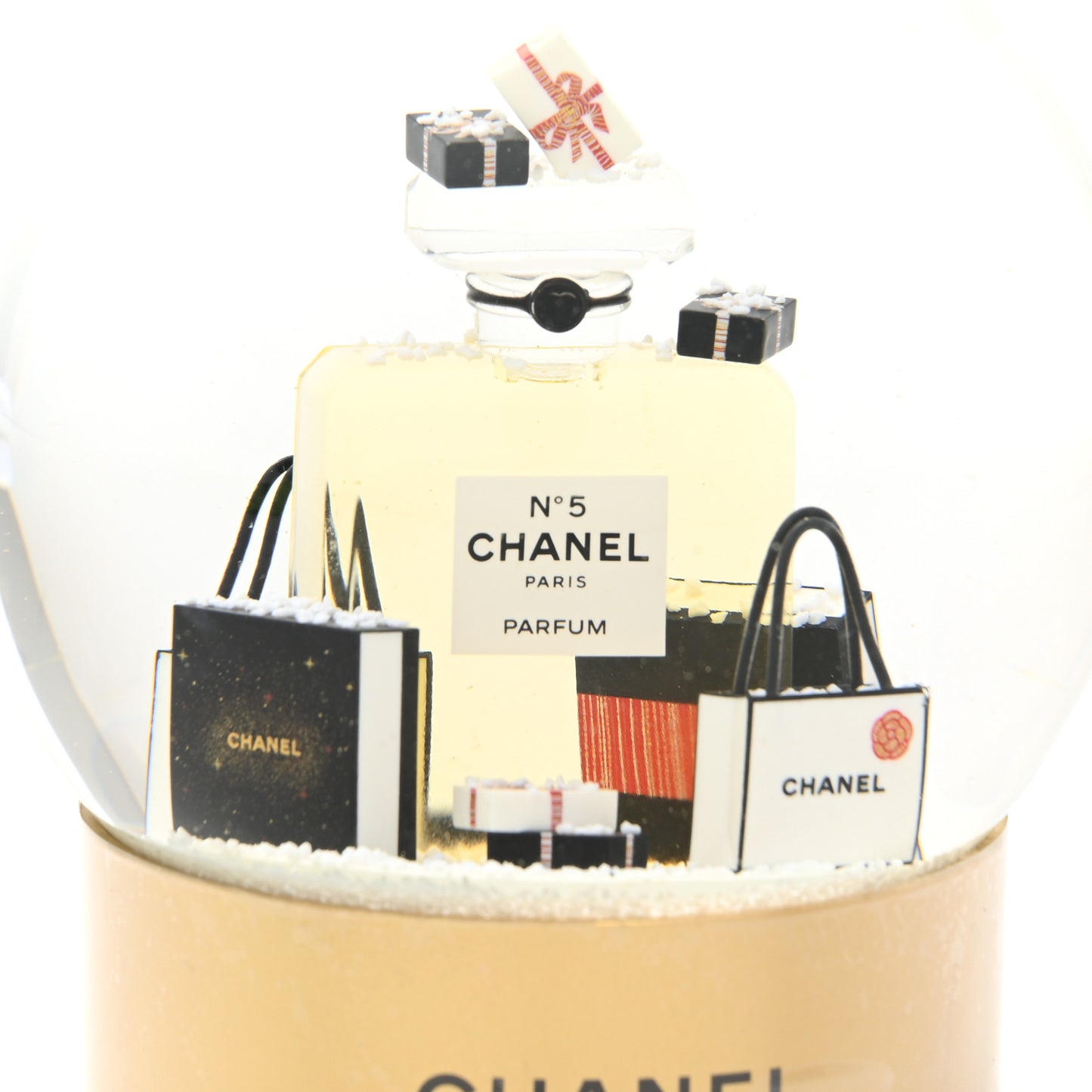 Glass N°5 Perfume Bottle Snow Globe Gold