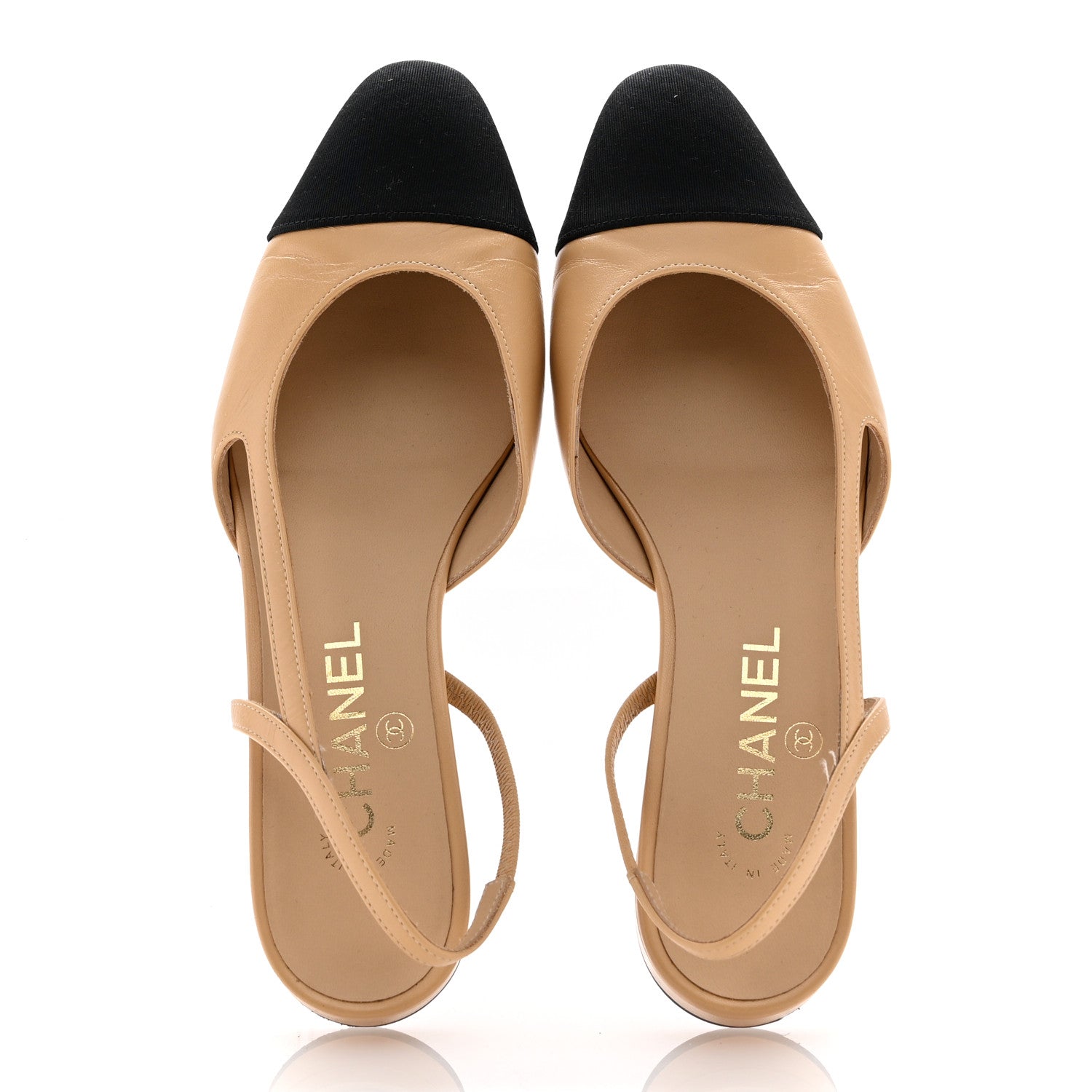 Chanel Goatskin Grosgrain Cap Toe CC Slingback Sandals 37.5 Beige Black 2 of 11
