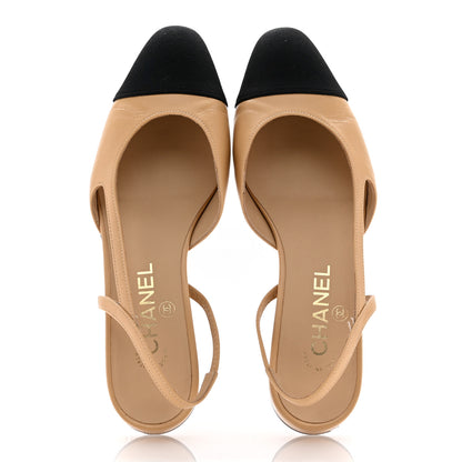 Chanel Goatskin Grosgrain Cap Toe CC Slingback Sandals 37.5 Beige Black 2 of 11