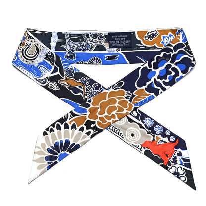 Hermes Silk Bingata Sticker Twilly Marine Tabac Bleu Vif 1 of 5