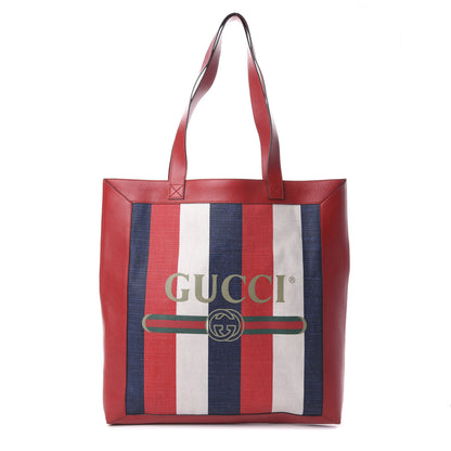 Gucci Canvas Calfskin Sylvie Stripe Logo Mens Tote Red White Blue 1 of 8