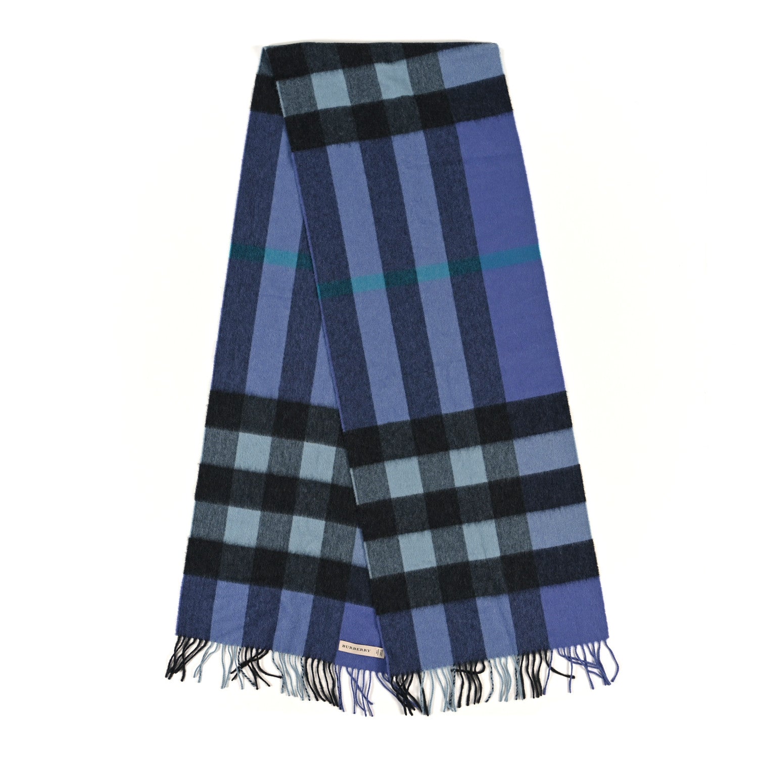 Burberry Cashmere Half Mega Check Fringe Scarf Iris Blue 2 of 4