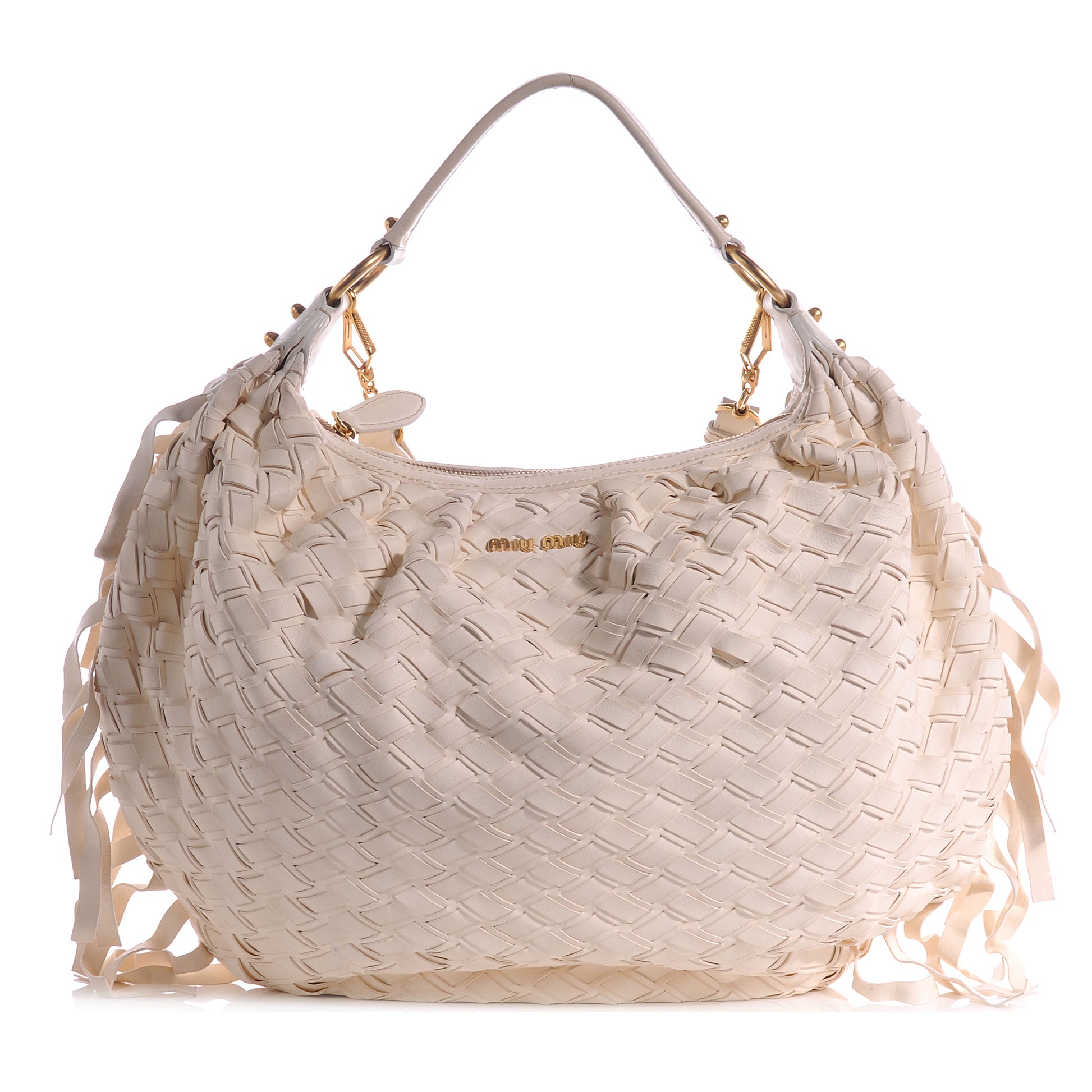 Miu Miu Woven Leather Fringe Hobo 1 of 9