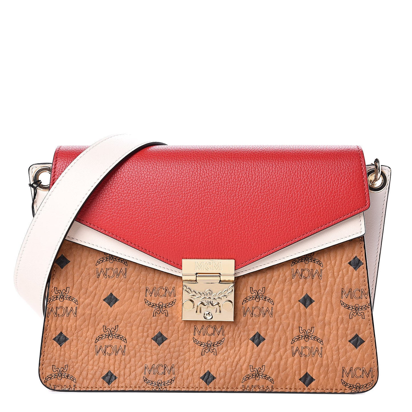 Visetos Calfskin Colorblock Mezzanin Shoulder Bag Cognac Ruby Red