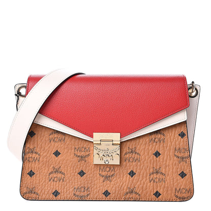 MCM Visetos Calfskin Colorblock Mezzanin Shoulder Bag Cognac Ruby Red 1 of 11