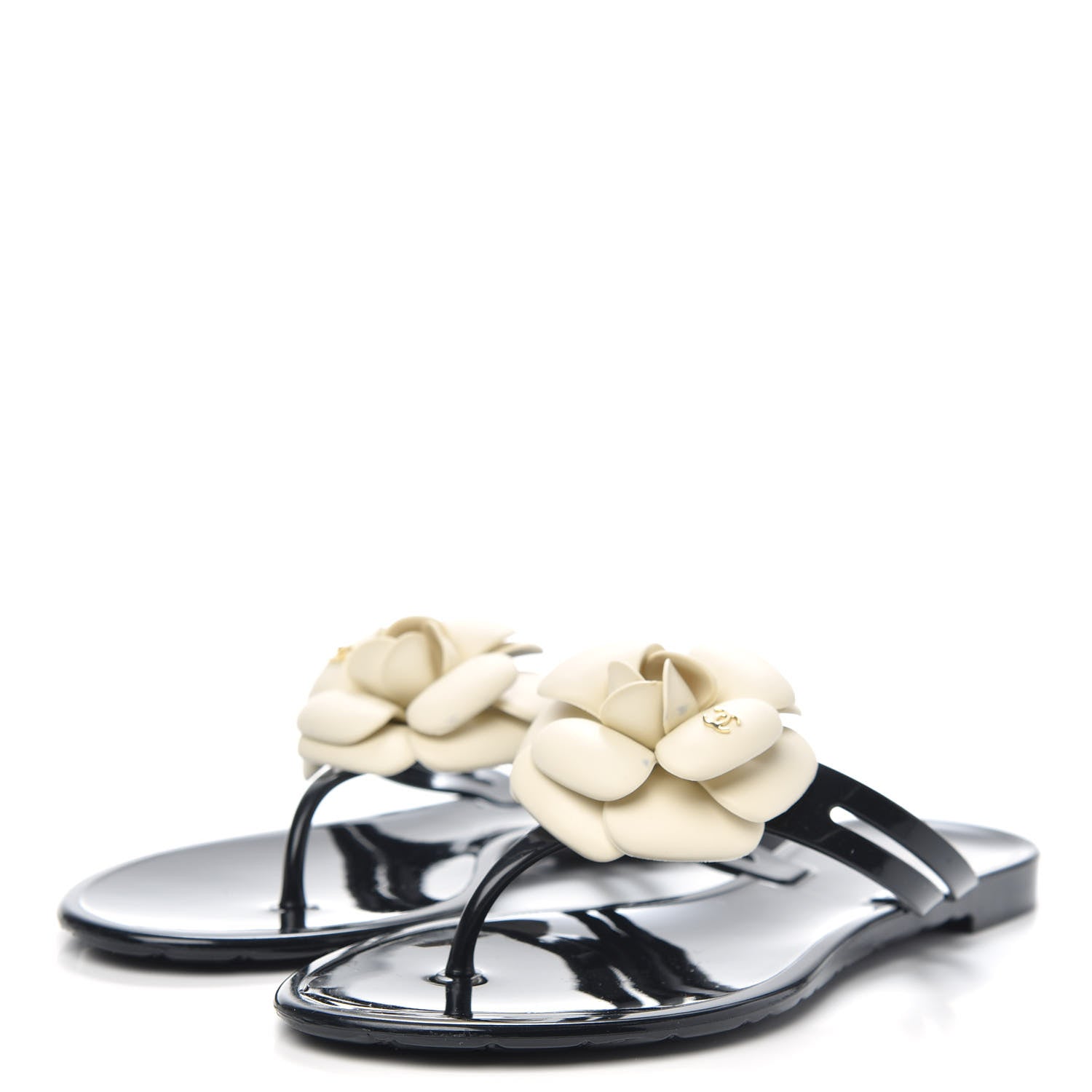 Chanel Jelly Camellia Thong Sandals 39 Black Ivory 3 of 9