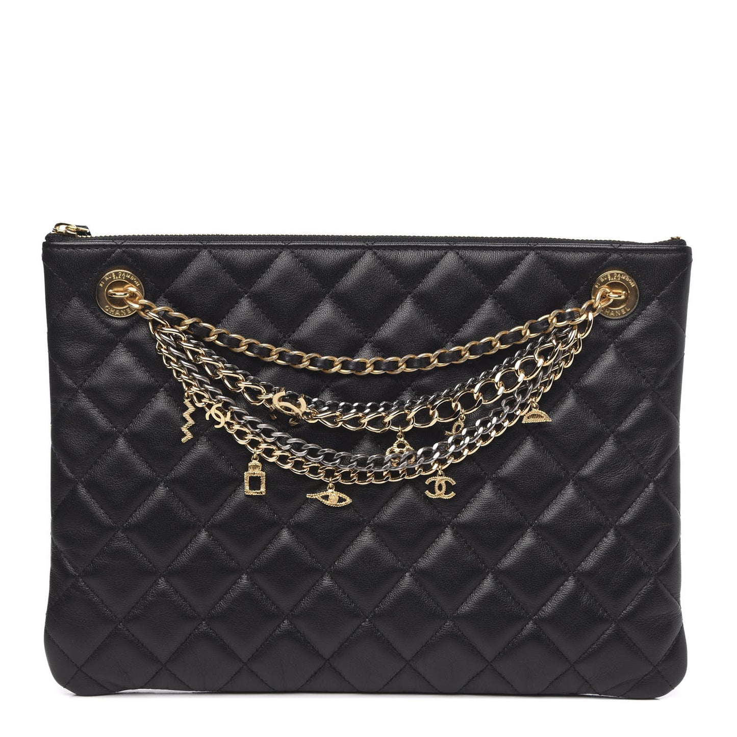 Lambskin Quilted Egyptian Amulet Zipped Pouch Black
