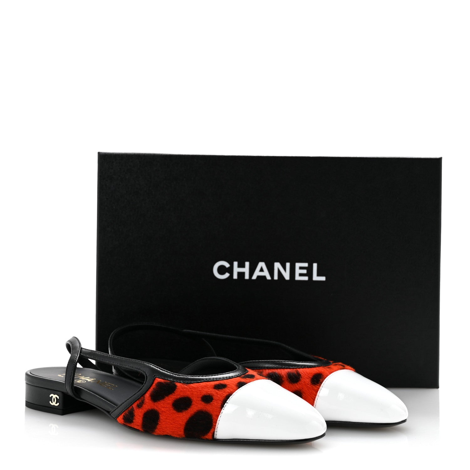 Chanel Lamb Hair Patent Calfskin Cap Toe CC Slingback Sandals 38 Orange Black White 10 of 10