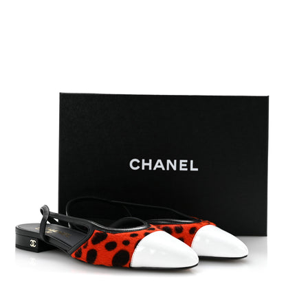 Chanel Lamb Hair Patent Calfskin Cap Toe CC Slingback Sandals 38 Orange Black White 10 of 10