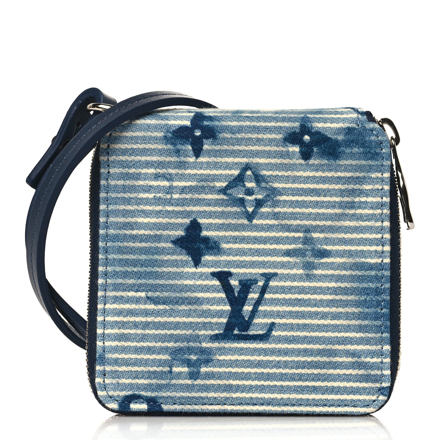 Hickory Stripes Denim Monogram Watercolor Wallet On Strap Blue