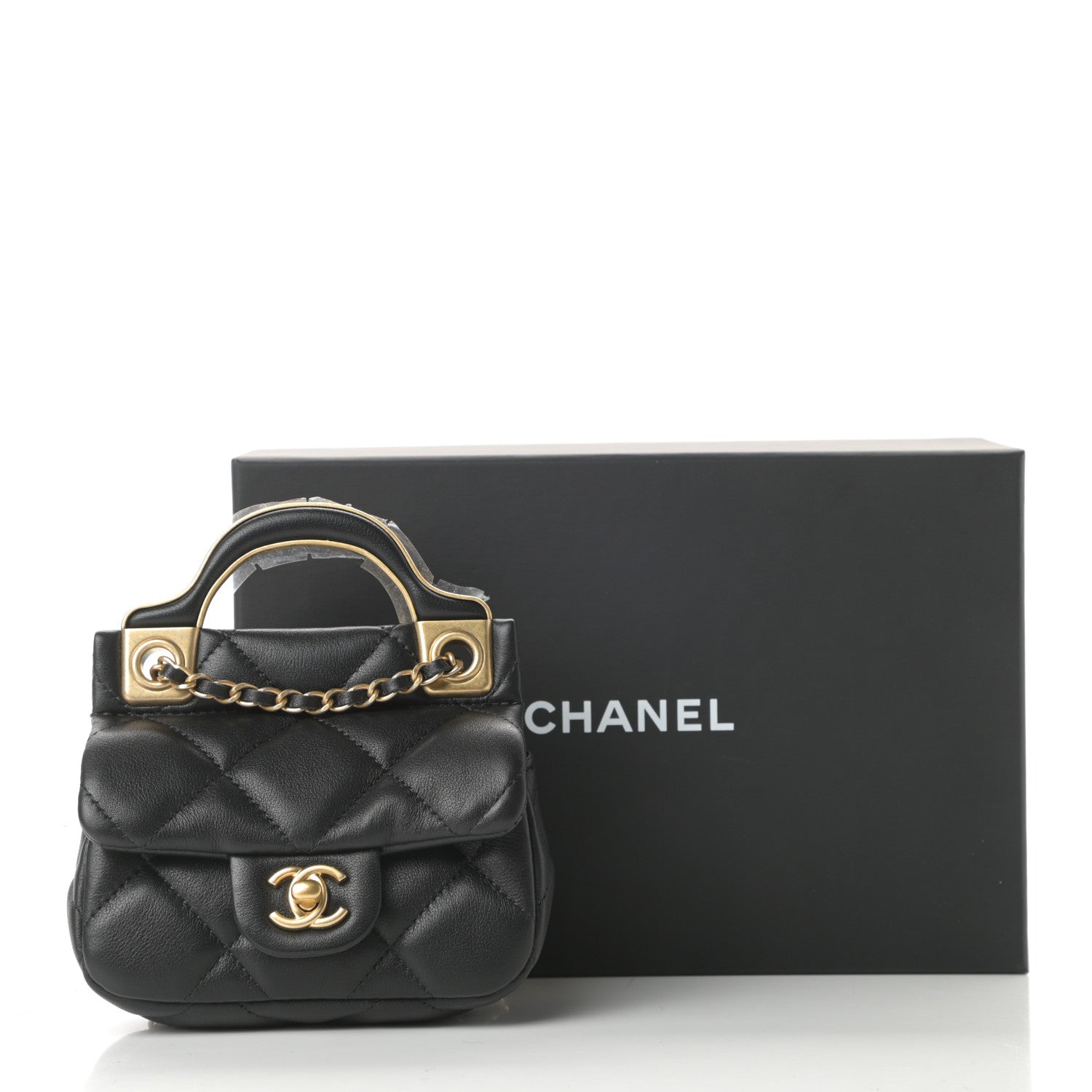 Chanel Calfskin Quilted Lady Handle Flap Card Holder With Chain Black 12 of 12