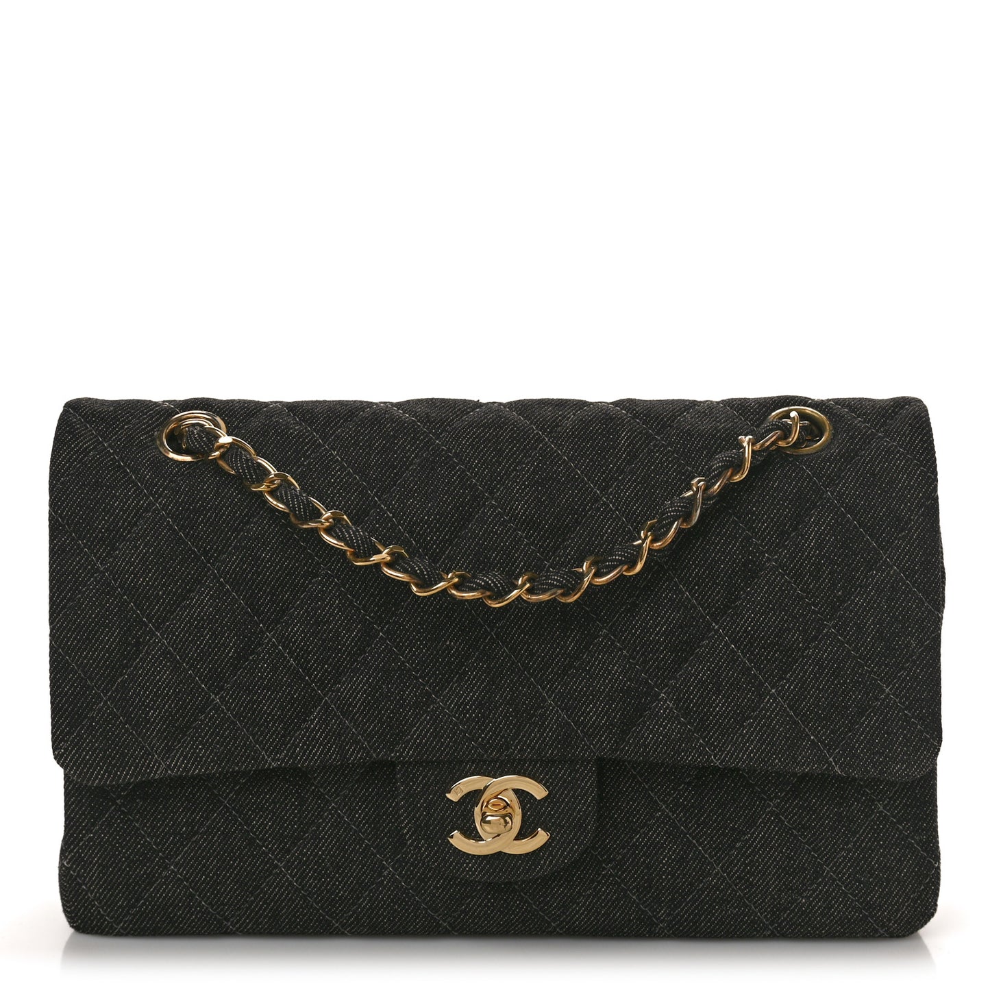 Denim Quilted Medium Double Flap Black