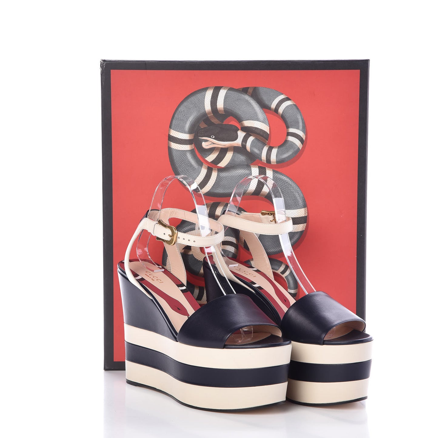 Calfskin Sally Striped Platform Wedge Sandals 39.5 Navy Ivory